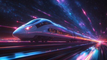 Futuristic high-speed train traveling through a vibrant night city with starry sky, streaks of neon light.