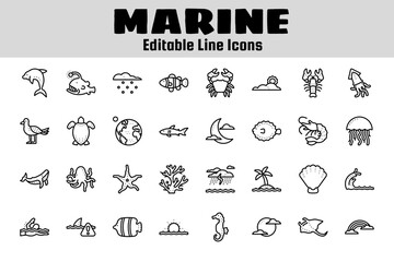 Marine life outline icon set
