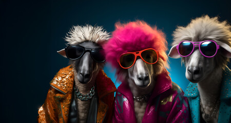 Creative animal concept. Group gang of sheep in sparkly rock punk neon bright colour outfit, copy text space. commercial, editorial advertisement party invitation invite	
