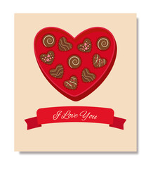 Card with the inscription "I love you" and a box of chocolates isolated on a red background. Banner template. Vector illustration. Flat illustration.