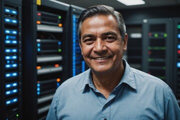 Fototapeta premium Close portrait of a smiling senior Honduran male IT worker looking at the camera, against dark server room blurred background.