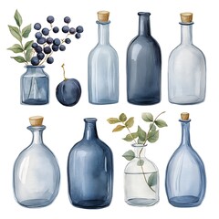 Watercolor illustration of a collection of glass bottles and jars in shades of blue, decorated with sprigs of berries and leaves.