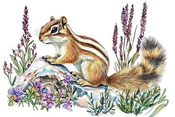 Obraz premium Watercolor painting of an adorable chipmunk perched on a rock surrounded by vibrant lavender and wildflowers.