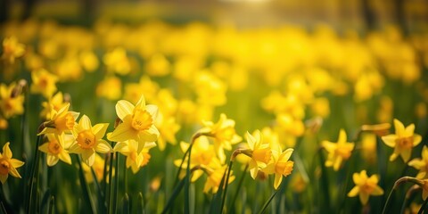 A field of vibrant yellow daffodils basking in the warm sunlight of spring