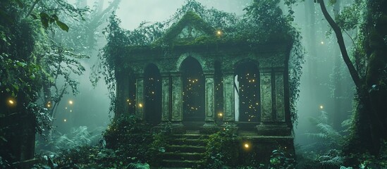 Obraz premium Enchanting overgrown ruin in a misty forest.