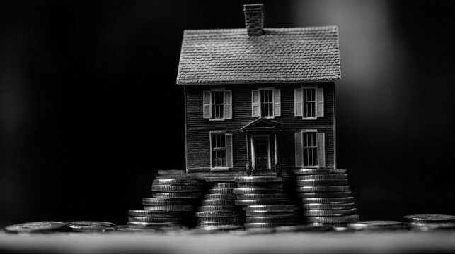 Miniature house on stacked coin, black and white style