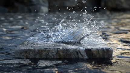 rock podium with water splash for product presentation. 3d illustration