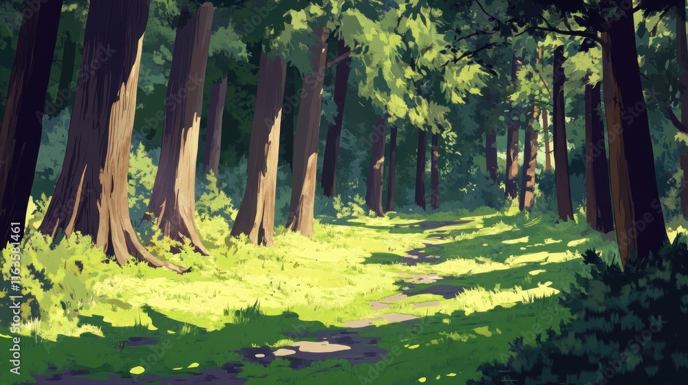 Aufkleber sunlit path winding through a lush green forest with tall trees and vibrant foliage.