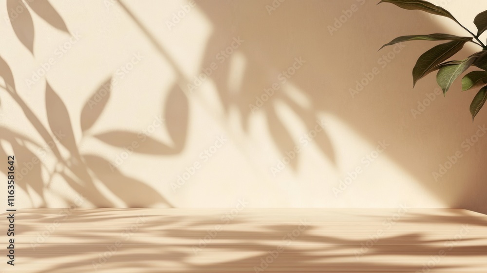 Poster minimalist beige background with plant shadows and empty space.