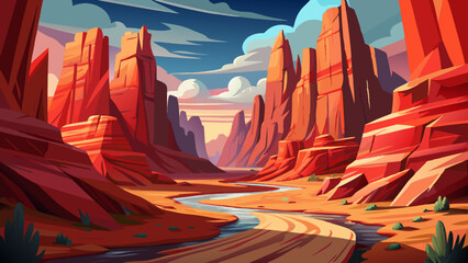 A remote desert canyon with towering red rock formations, a narrow path winding through the sandstone, and the sound of wind echoing in the distance