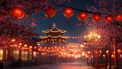 Enchanting Lantern-Lit Street in Blossom