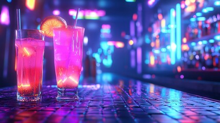Neon Nights: Two vibrant cocktails on a glowing bar top