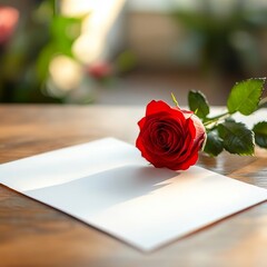A beautiful red rose placed on a blank greeting card, symbolizing love and affection in a serene setting.