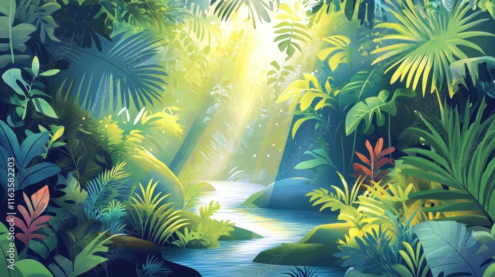 Aufkleber lush green jungle with sunlight streaming through the canopy, illuminating a tranquil stream winding