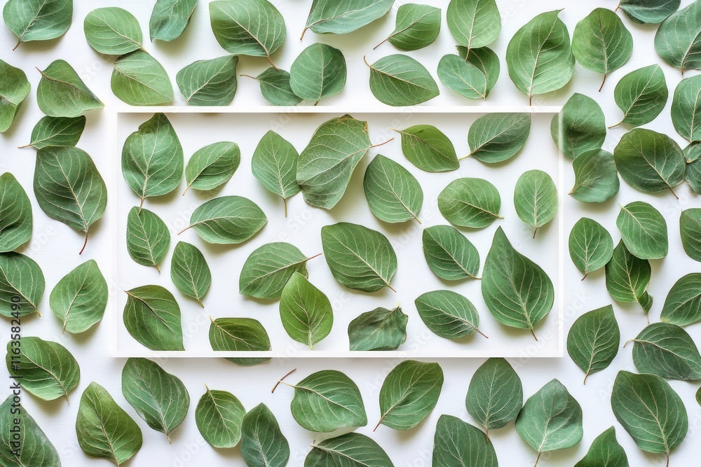 Poster green leaves arranged in a rectangular frame on white background.