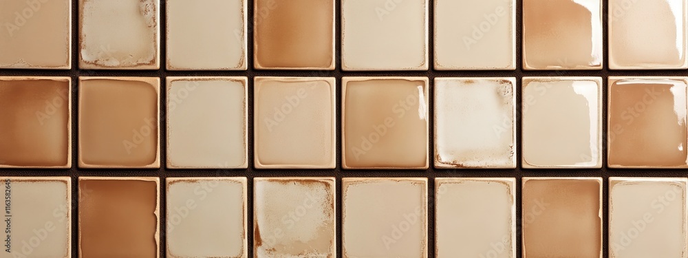 Poster close-up of beige and brown square tiles arranged in a grid pattern.