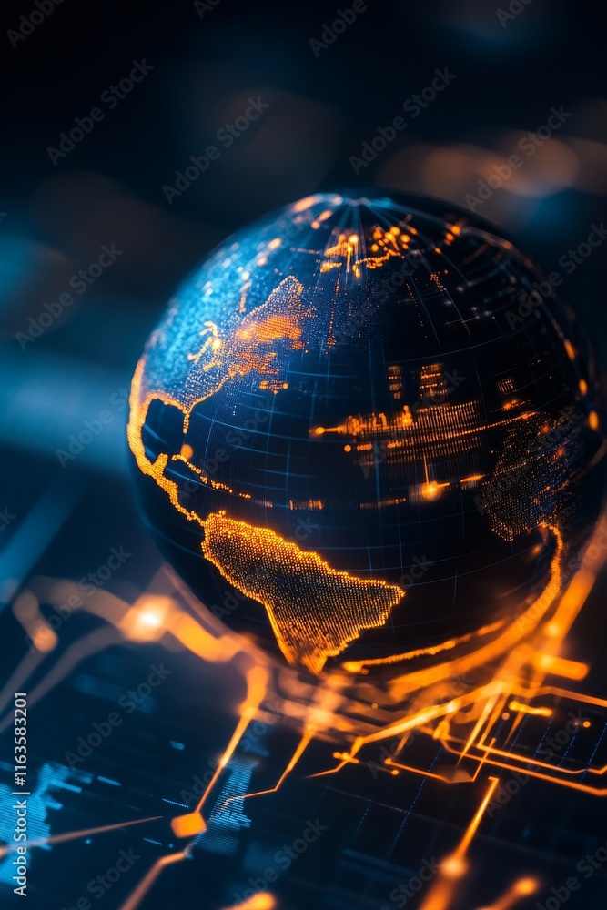 Poster a close-up of a digital globe illuminated with network connections, symbolizing global connectivity 