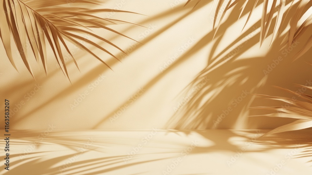 Poster minimalist beige background with palm leaf shadows, ideal for product display or branding.