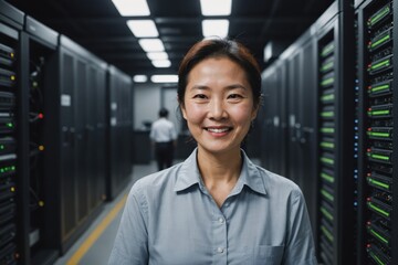 Close portrait of a smiling senior Korean female IT worker looking at the camera, against dark server room blurred background.