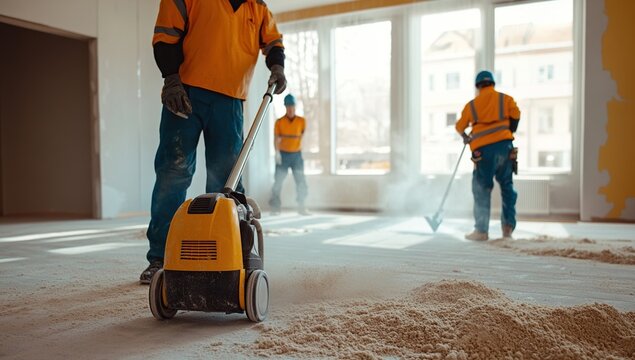 Construction Workers Efficiently Clean Dust from Floor Using Industrial Vacuum Cleaner During Renovation