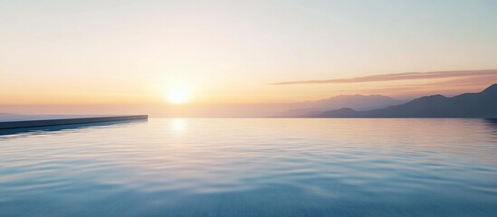 Fototapeta premium Serene infinity pool at sunrise over mountains.