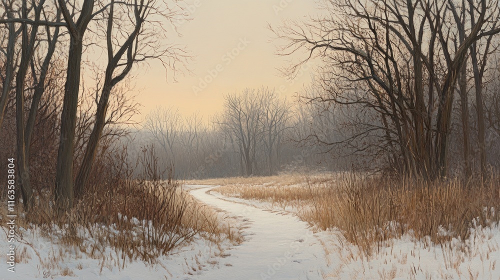 Poster serene winter landscape with a snow-covered path winding through leafless trees and tall grass under