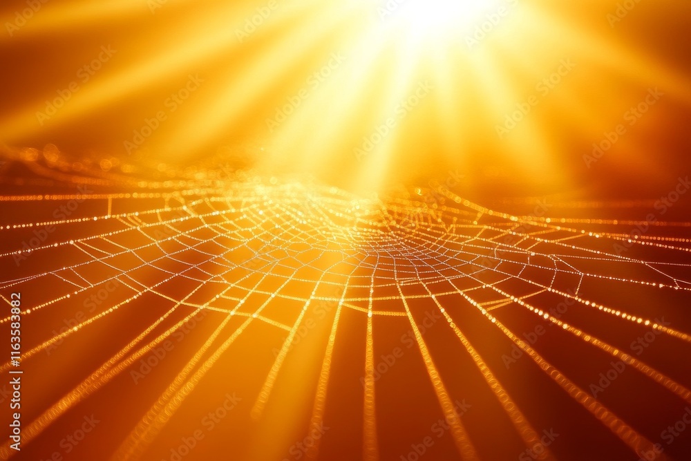 Poster a close-up of a spider's web glistening in the warm sunlight, showcasing intricate patterns and a go
