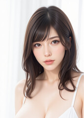 Young Female Model - Beautiful Woman with Perfect Features - Perfect Smooth Skin and Dark Brown Long Hair - Brown Eyes and Plump Lips - White Laced Nightgown - Fashion, Cosmetics, Profile Portrait