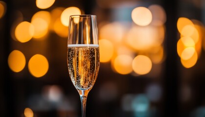 A close-up of a sparkling champagne glass against a warm, blurred background, perfect for celebrations and elegant occasions.