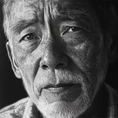 Obraz premium Close-up black and white portrait of an elderly man's face, showing wrinkles, age, and deep-set eyes.