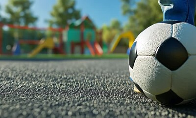 A close-up of a soccer ball on a playground surface with a blurred play area in the background.