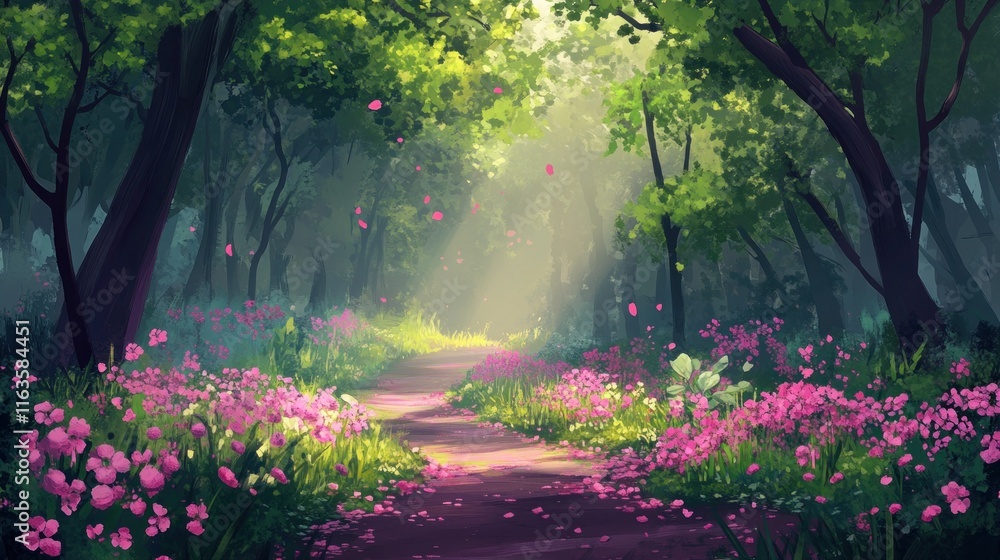Poster sunlit path through enchanted forest with pink flowers and falling petals.