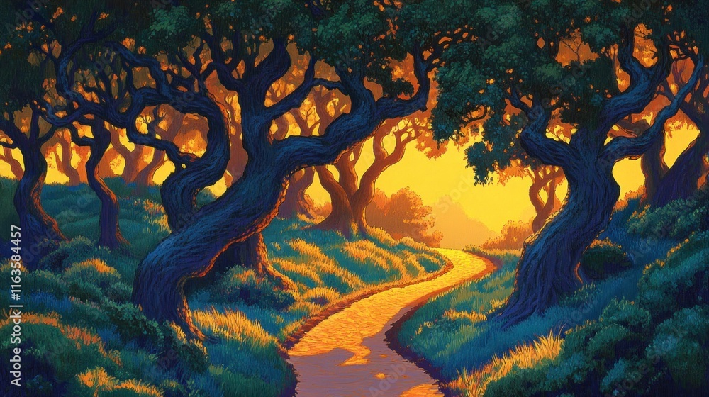 Poster sunlit path winding through a mystical forest with vibrant, stylized trees at sunset.