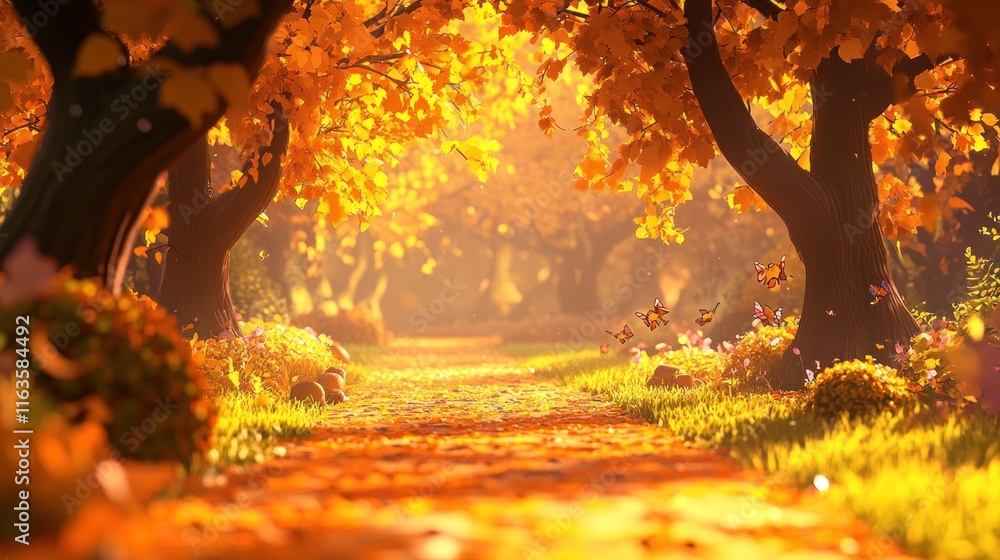 Poster Sunlit autumn path through vibrant orange and yellow foliage in a forest.