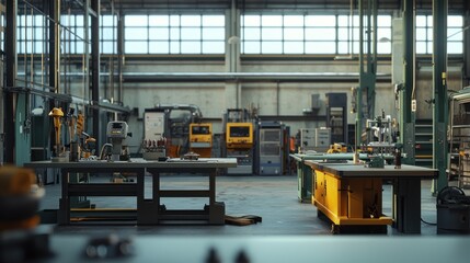 Industrial Factory Workshop With Machinery And Workbenches