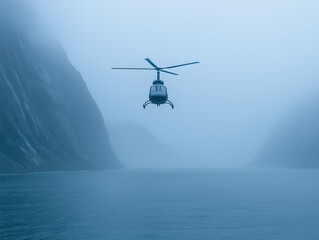 Fototapeta premium Surveillance from Above: Modern Helicopter Patrolling a Rugged Coastline