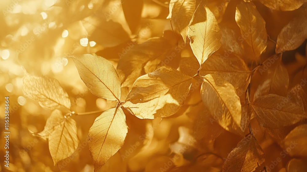 Poster golden autumn leaves backlit by sunlight, close-up view showing intricate details and textures.