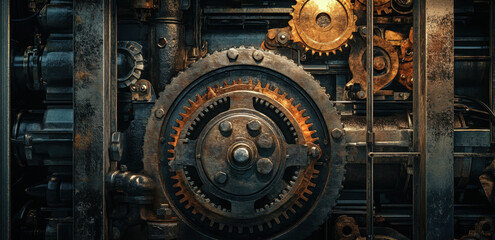 Fototapeta premium Detailed view of a system of gears and cogs set in a vintage machine, highlighting the intricate workings and aged metal textures, evoking a sense of historical engineering.