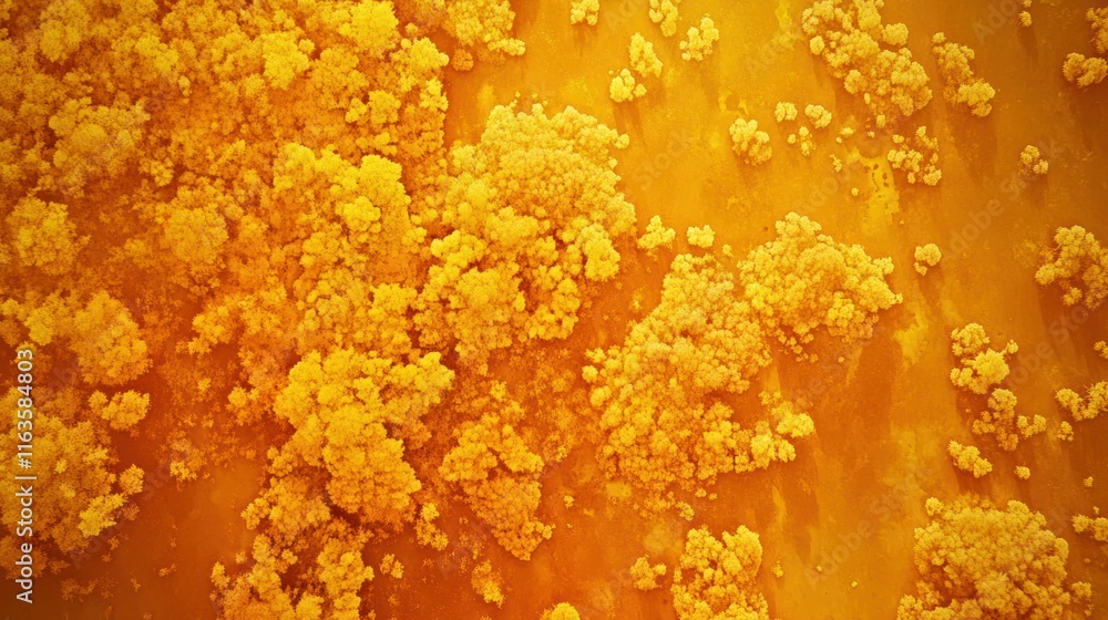 Poster aerial view of golden, textured surface resembling clustered formations.