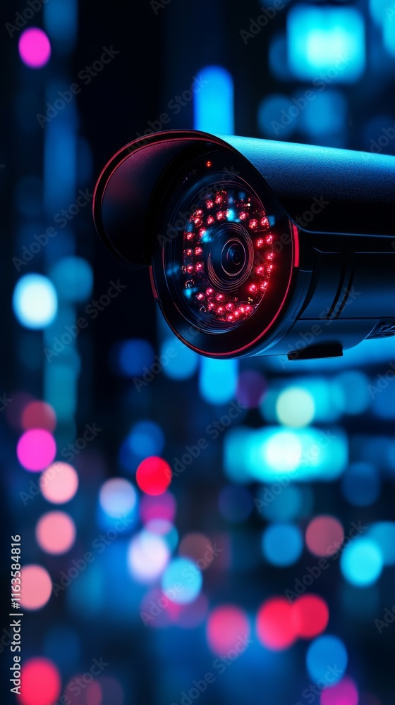 Poster a close-up view of a modern surveillance camera with colorful, bokeh lights in the background, symbo