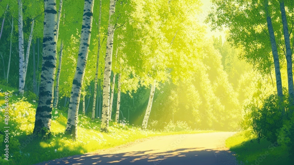 Poster Sunlit path winding through a lush birch forest.