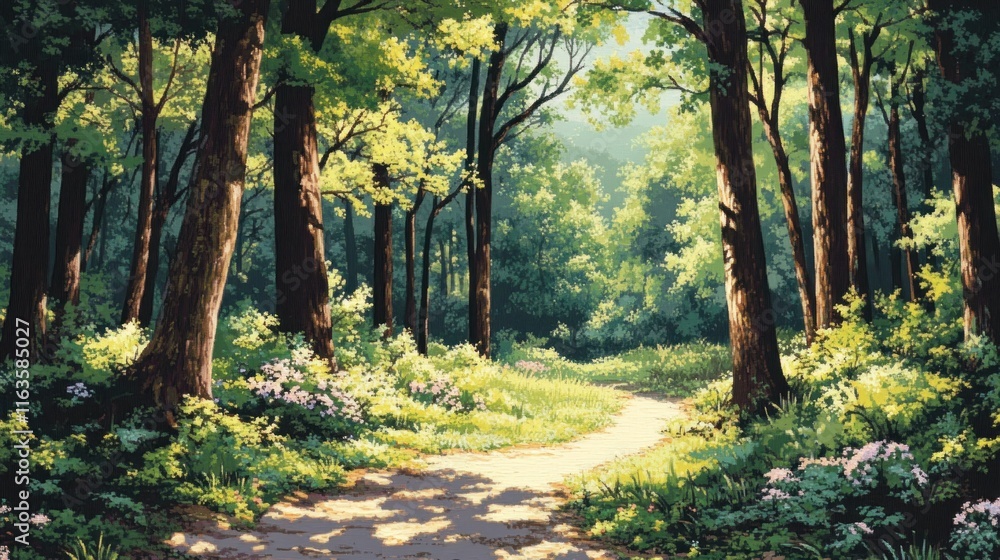 Poster sunlit path winding through a lush green forest with tall trees and blooming wildflowers.