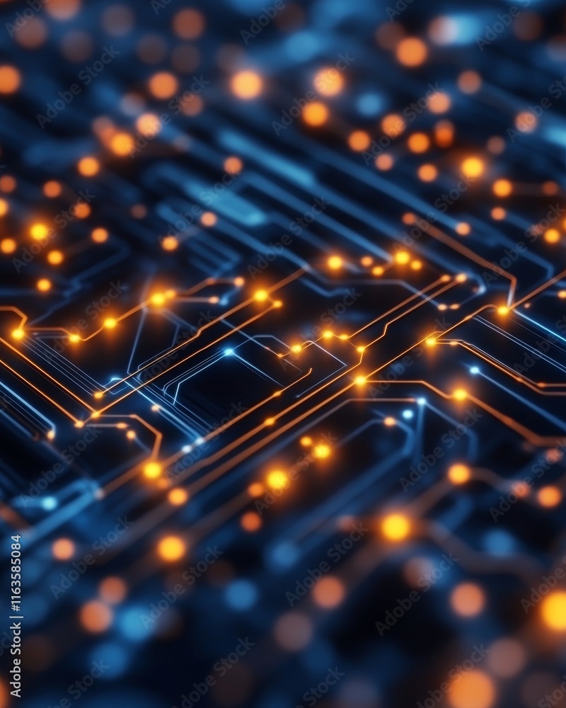 Poster a close-up view of intricate circuit board patterns illuminated by glowing lights, showcasing the be