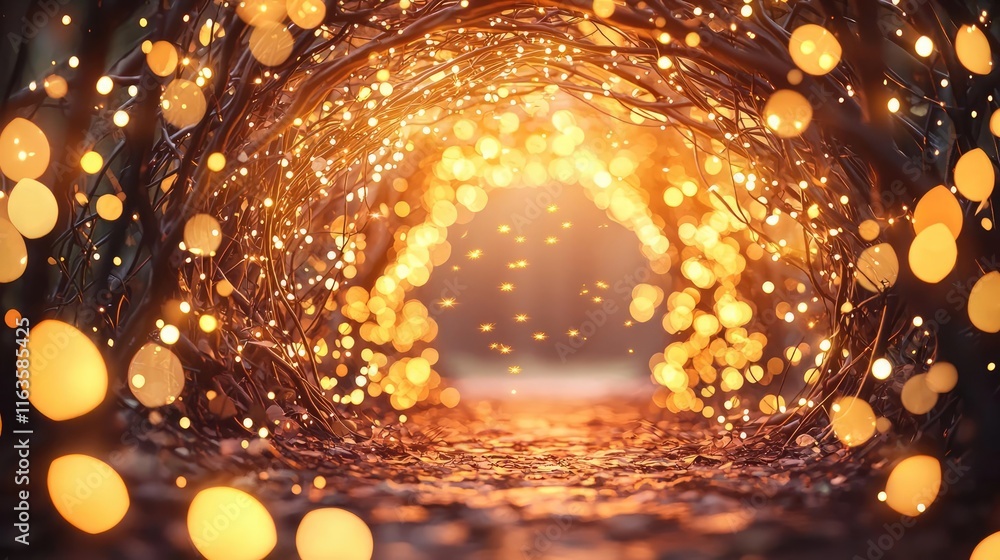 Poster mystical serene idea. a dreamy pathway illuminated by shimmering lights, creating a magical atmosphe