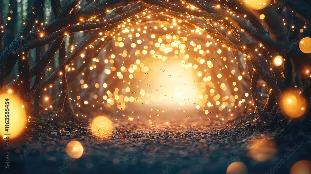 Poster mystical serene idea. enchanting forest path illuminated by magical lights creating a serene atmosph