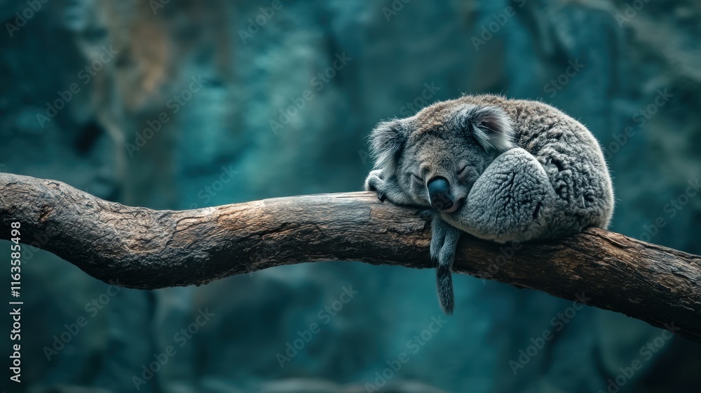 Poster sleeping koala curled on a tree branch against a blurred background.