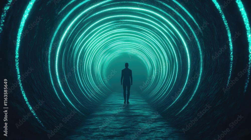 Poster mystical serene idea. mysterious figure walking through an illuminated tunnel with a surreal atmosph