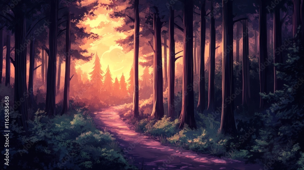 Poster sunlit path winding through a dense forest at sunset.