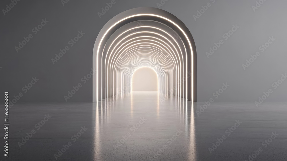 Poster mystical serene idea. a modern corridor with illuminated arches creating a serene atmosphere.