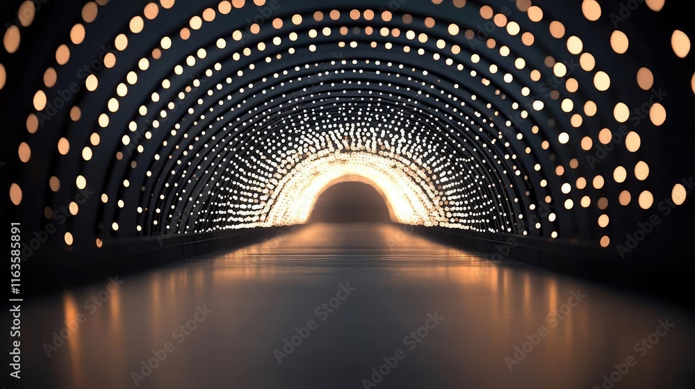 Poster mystical serene idea. a mesmerizing view of a tunnel with glowing lights creating a surreal ambiance